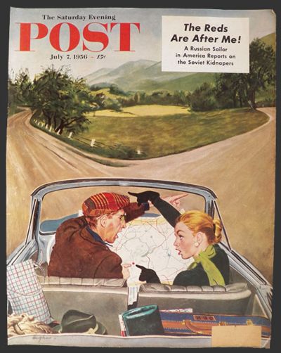 1956 Saturday Evening Post Cover ~ Driving Couple Argue Over Map