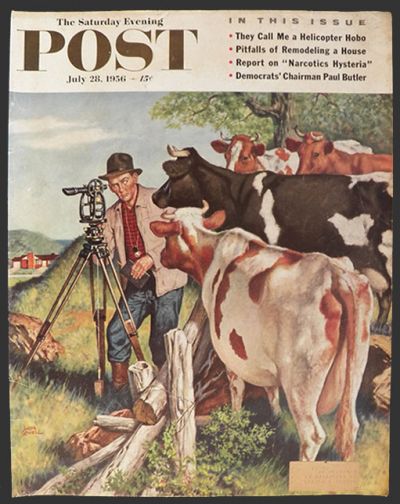 1956 Saturday Evening Post Cover ~ Cows Greet Land Surveyor