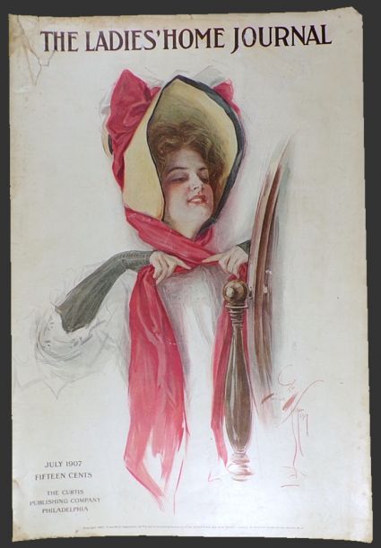 1907 Ladies Home Journal Cover ~ Harrison Fisher ~ Woman Ties Bonnet