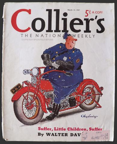 1937 Collier's Magazine Cover ~ Cartoon Cop On Motorcycle