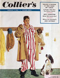 1953 Collier's Magazine Cover ~ Man in PJ's Walks Dog