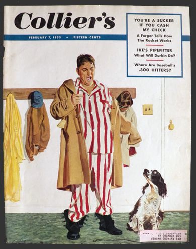1953 Collier's Magazine Cover ~ Man in PJ's Walks Dog