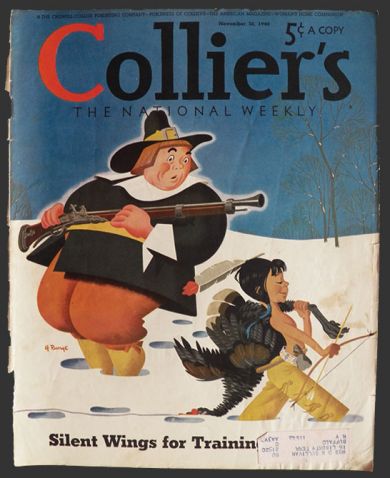 1940 Collier's Magazine Cover ~ Pilgrim with Musket, Indian with Bow & Arrow