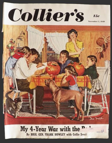 1949 Collier's Magazine Cover ~ Dad Carves Halloween Pumpkin