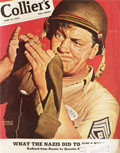1943 Collier's Magazine Cover ~ Soldier Tries to Mend Uniform