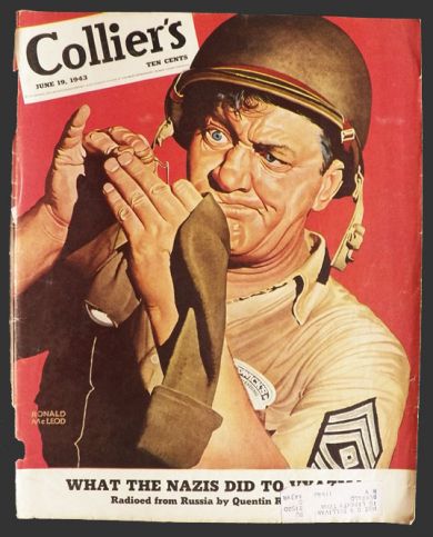1943 Collier's Magazine Cover ~ Soldier Tries to Mend Uniform