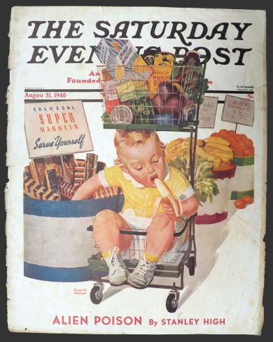 1940 Saturday Evening Post Cover ~ Child at "Serve Yourself" Supermarket
