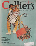 1939 Collier's Magazine Cover ~ Fearful Monkey Offers Tiger An Apple
