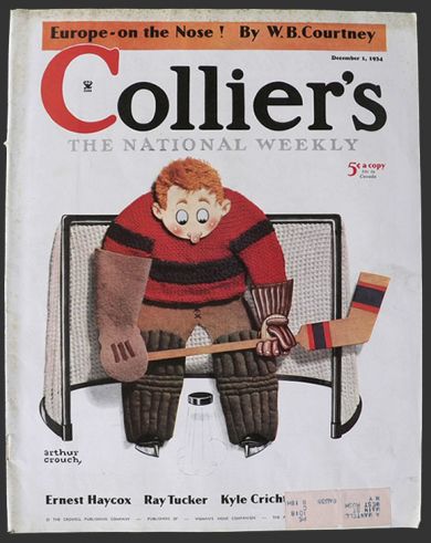 1934 Collier's Magazine Cover ~ Hockey Guy Watches Puck