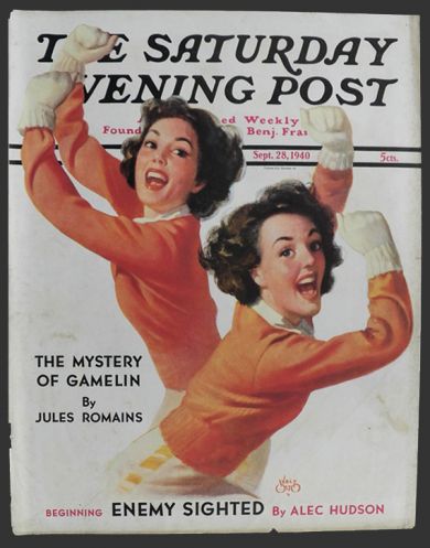 1940 Saturday Evening Post Cover ~ Twin Cheerleaders ~ Walt Otto
