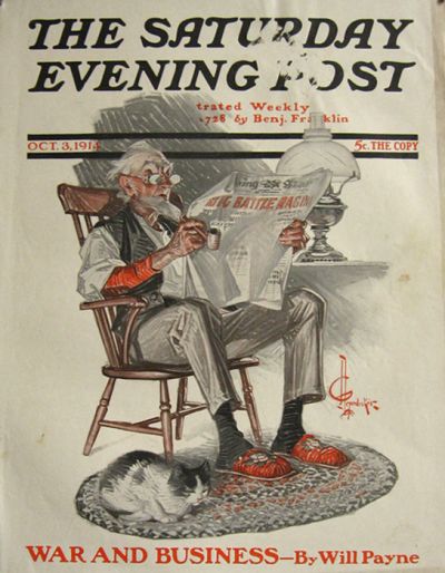 1914 Saturday Evening Post Cover ~ J.C. Leyendecker ~ Old Man Reads About War