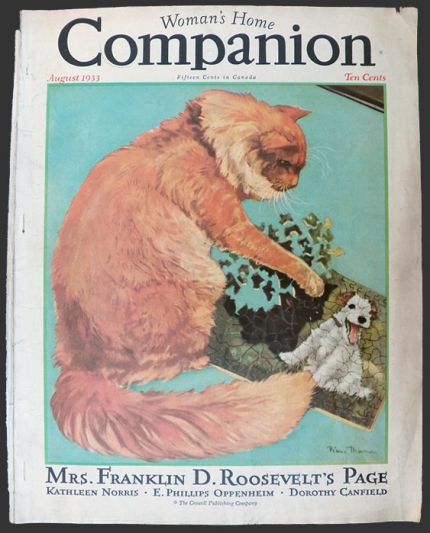 1933 Woman's Home Companion Cover ~ Cat Does Jigsaw Puzzle ~ Diana Thorne