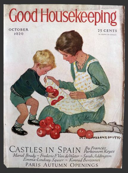 1929 Good Housekeeping Cover ~ Child Collects Apples ~ Jessie Willcox Smith
