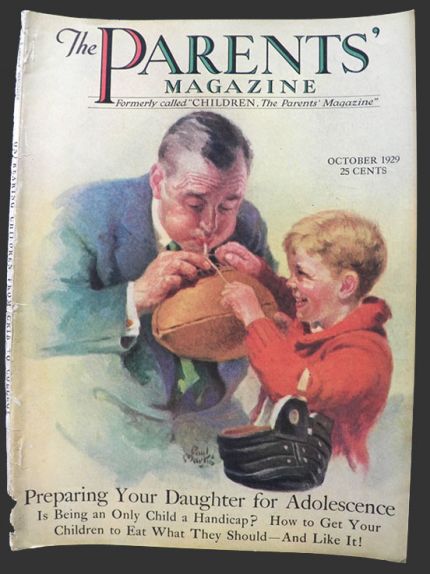 1929 Parents' Magazine Cover ~ Dad Fixes Football for Son