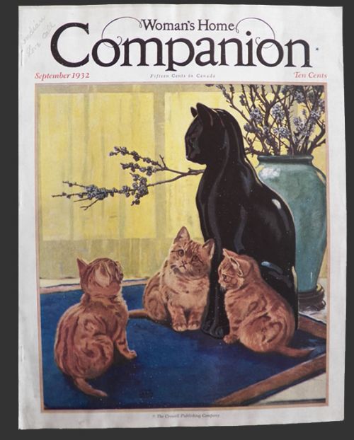 1932 Woman's Home Companion Cover ~ Kittens With Cat Statue