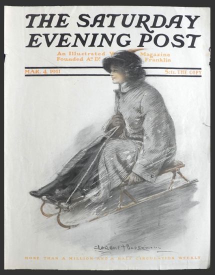 1911 Saturday Evening Post Cover ~ Clarence Underwood ~ Woman on Sled