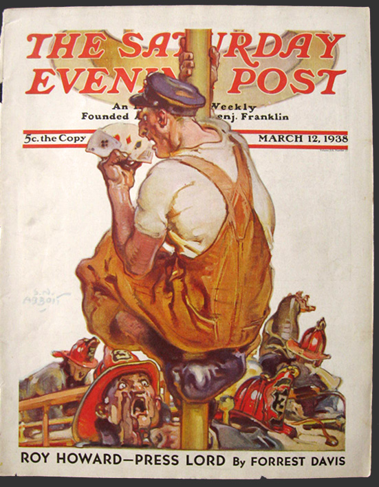1938 Saturday Evening Post Cover ~ Fireman Has Four Aces