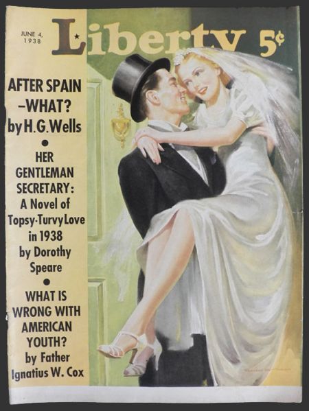 1938 Liberty Magazine Cover ~ Groom Carries Bride Over Threshold