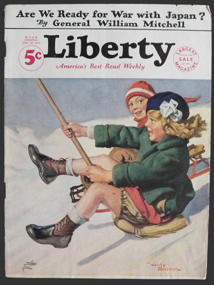 1932 Liberty Magazine Cover ~ Kids on Sled & Broom