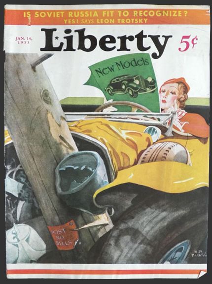 1933 Liberty Magazine Cover ~ Car Crash Woman Looks Through Car Brochure