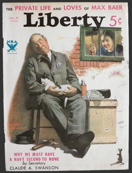 1934 Liberty Magazine Cover ~ Sleeping Cop Cuddles Cat