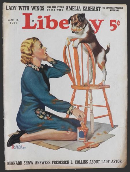 1939 Liberty Magazine Cover ~ Woman Paints Chair, Jack Russell Dog Interrupts