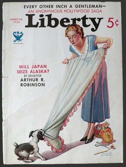 1934 Liberty Magazine Cover ~ Puppy Dog Tugs At Curtains