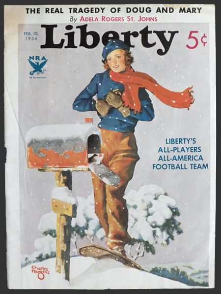 1934 Liberty Magazine Cover ~ Snowshoe Lady Picks Up Mail