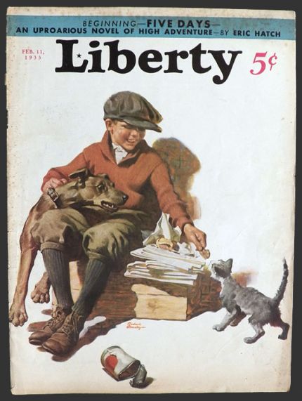 1933 Liberty Magazine Cover ~ Newsboy Feeds Stray Cat