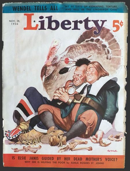 1936 Liberty Magazine Cover ~ Pilgrim & Indian Doze