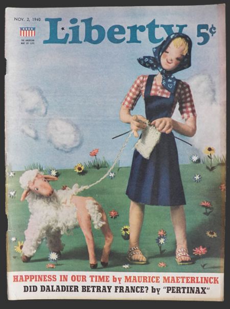 1940 Liberty Magazine Cover ~ Woman Knits Wool Off Startled Sheep