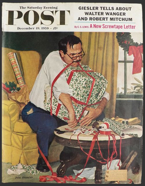 1959 Saturday Evening Post Cover ~ Man Wraps Christmas Gifts
