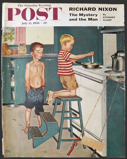 1958 Saturday Evening Post Cover ~ Boys Cook Small Fish