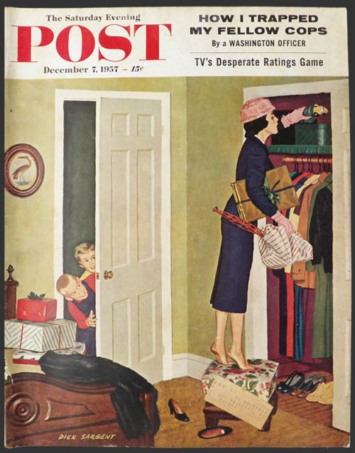 1957 Saturday Evening Post Cover ~ Mom Hides Christmas Gifts