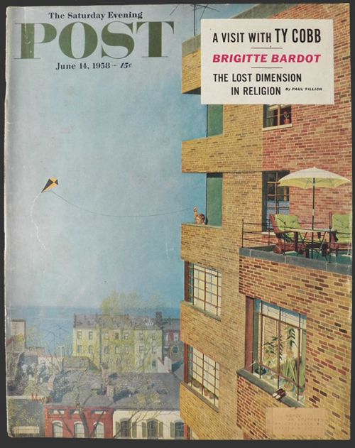 1958 Saturday Evening Post Cover ~ Boy Flies Kite From Terrace