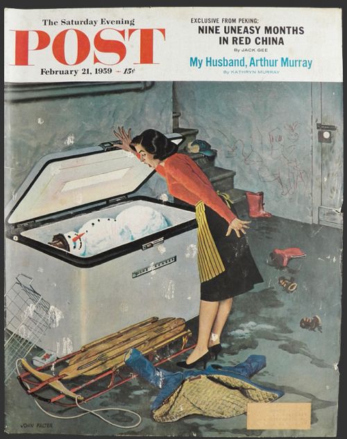 1959 Saturday Evening Post Cover ~ Snowman In The Freezer
