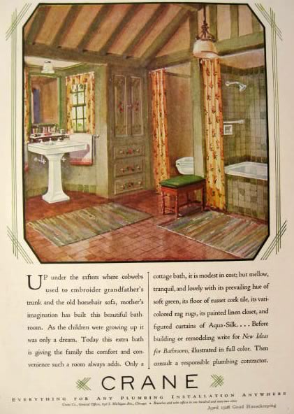 1928 Crane Plumbing Ad ~ Wood Beam Ceiling Bathroom