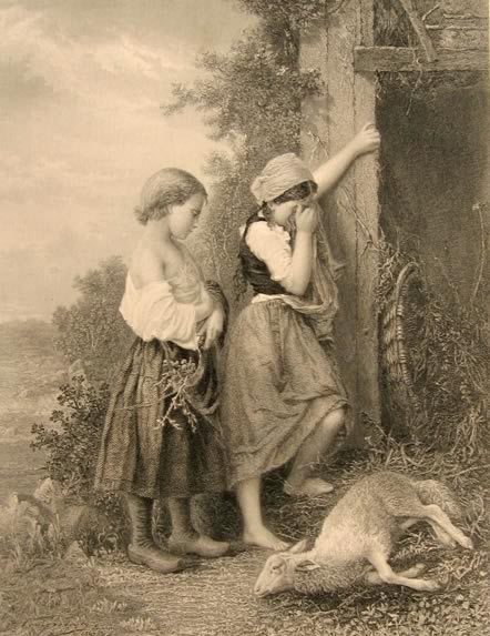 Antique Print ~ Steel Engraving ~ Child Weeps Over Dead Lamb