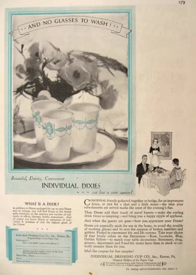 1928 Dixie Cup Ad ~ No Glasses to Wash