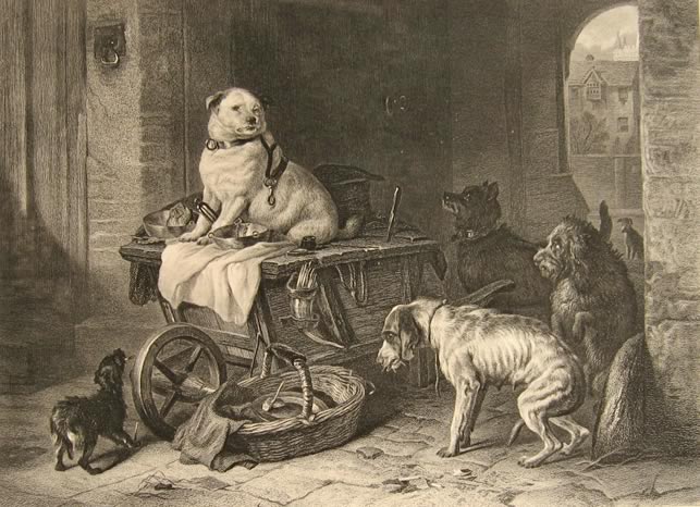 Antique Print ~ Steel Engraving ~ Fat Dog Guards Food ~ Landseer