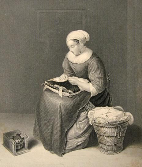 Antique Print ~ Steel Engraving ~ Woman Sews, Sewing