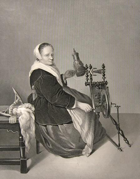 Antique Print ~ Steel Engraving ~ Woman with Spinning Wheel