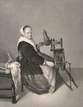 Antique Print ~ Steel Engraving ~ Woman with Spinning Wheel