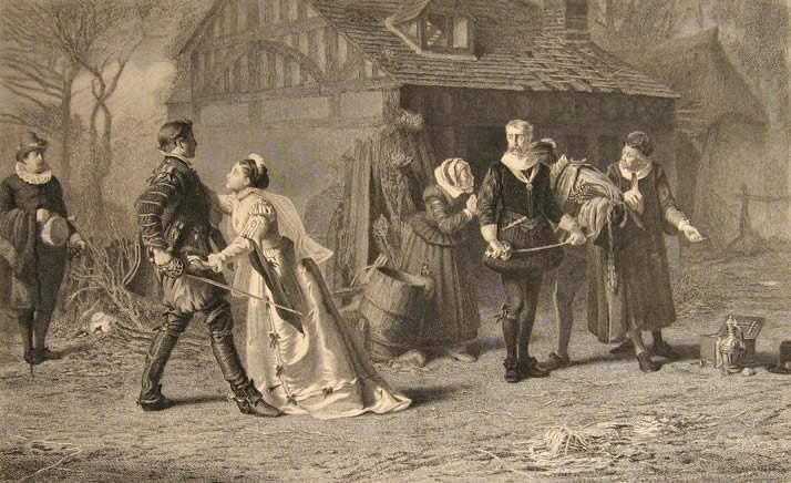 Antique Print ~ Steel Engraving ~ Woman Interrupts Duel