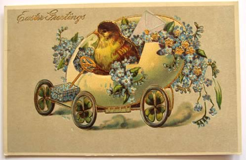 Easter Greetings Postcard ~ Chick in Egg Car