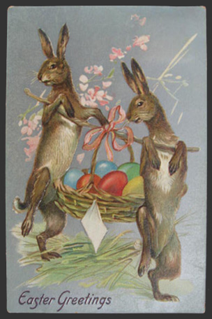 Easter Greeting Two Bunnies Carry Egg Basket Postcard