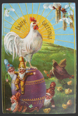 Big Sun, Rooster, Gnomes Easter Postcard