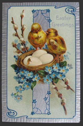 Chicks with Eggs in Nest Easter Greetings Postcard