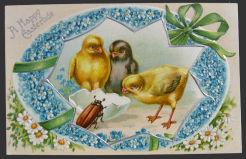 Happy Eastertide Chicks with Beetle Postcard
