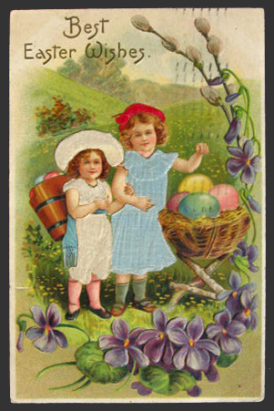 Two Children Large Basket Easter Eggs Postcard